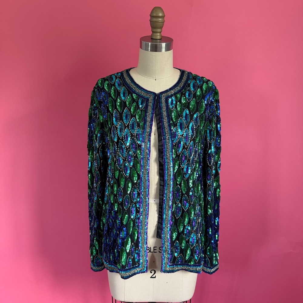 Vintage 80s/90s SILK Peacock Sequined Laurence Kazar Stateme Maximalist Cardigan